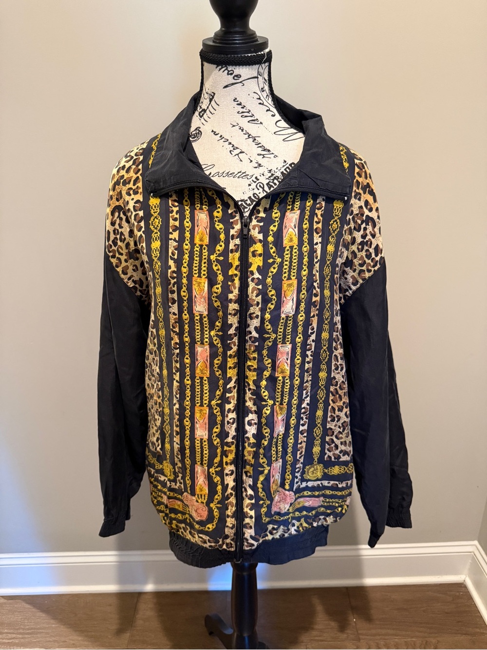 Leopard & Chain-Print Vintage 100% silk Bomber Jacket - Black